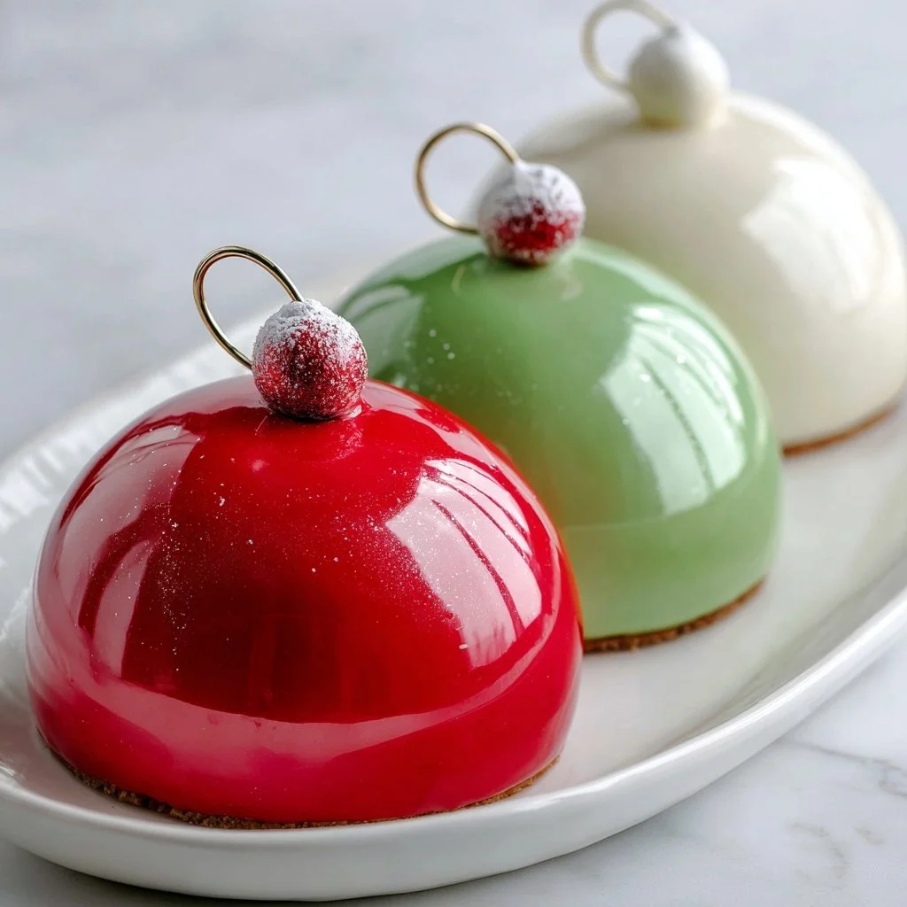 Beautiful mirror glaze Christmas ornament cakes for festive celebrations