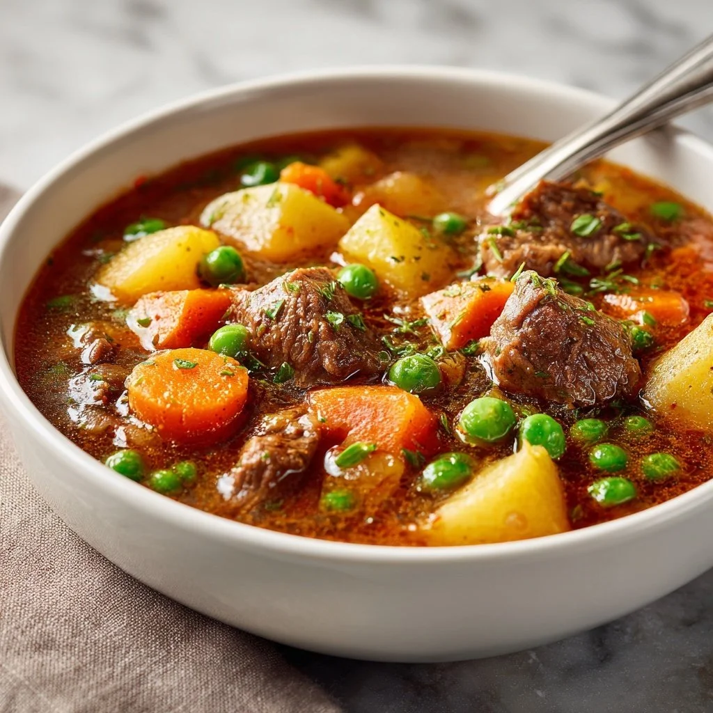 Bowl of Mom's Old-Fashioned Vegetable Beef Soup with fresh ingredients