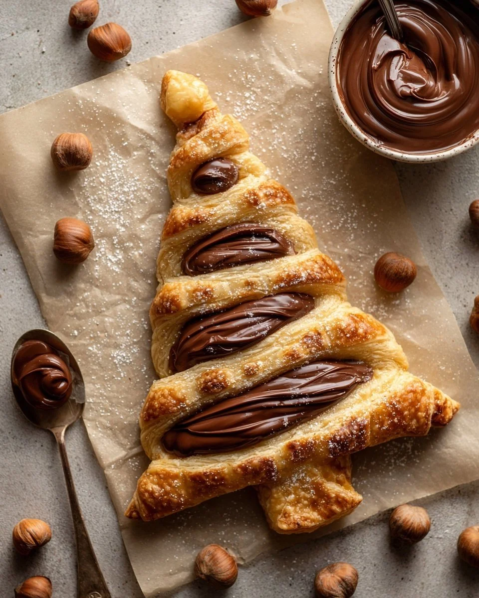 Nutella Christmas Tree Puff Pastry decorated for the holidays