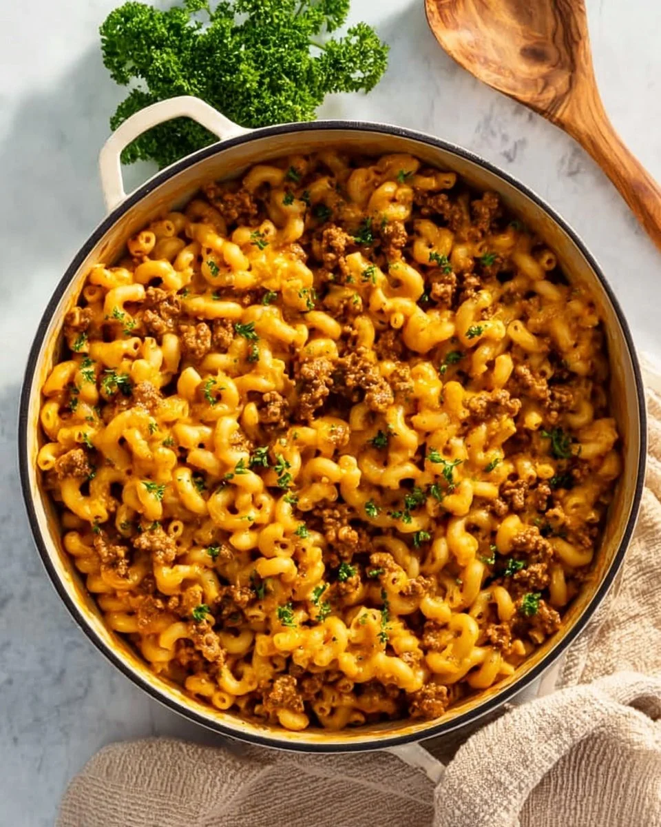 Delicious one pot cheeseburger casserole topped with melty cheese and garnished.