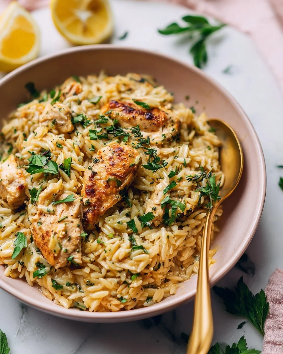 One Pot Orzo Chicken dish with herbs and vegetables in a serving bowl