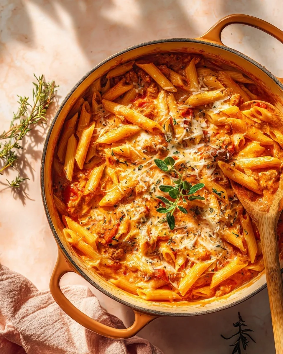 Delicious one pot pasta dish served in a bowl with fresh ingredients.
