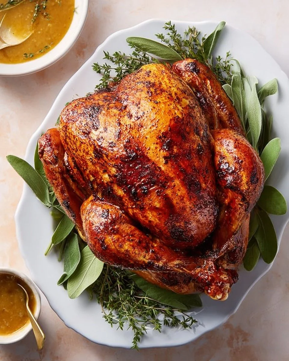 A beautifully golden oven roasted turkey garnished with herbs and vegetables.