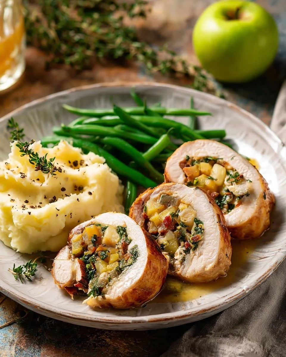 Prosciutto wrapped stuffed turkey tenderloin with apples and kale dish