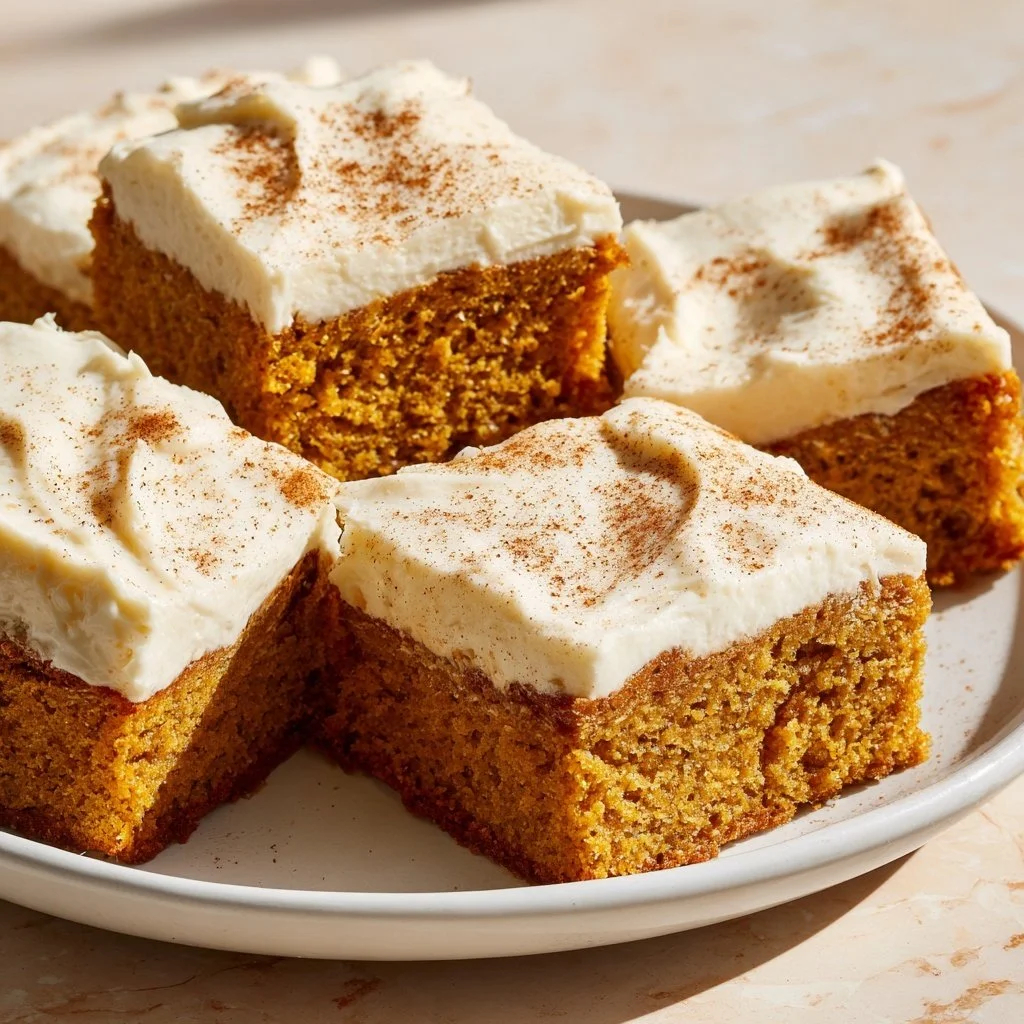 Delicious pumpkin bars with creamy cream cheese frosting on a plate