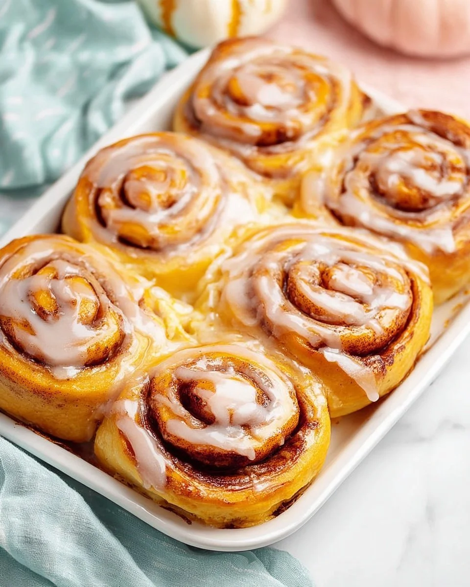 Freshly baked pumpkin cinnamon rolls drizzled with cream cheese icing