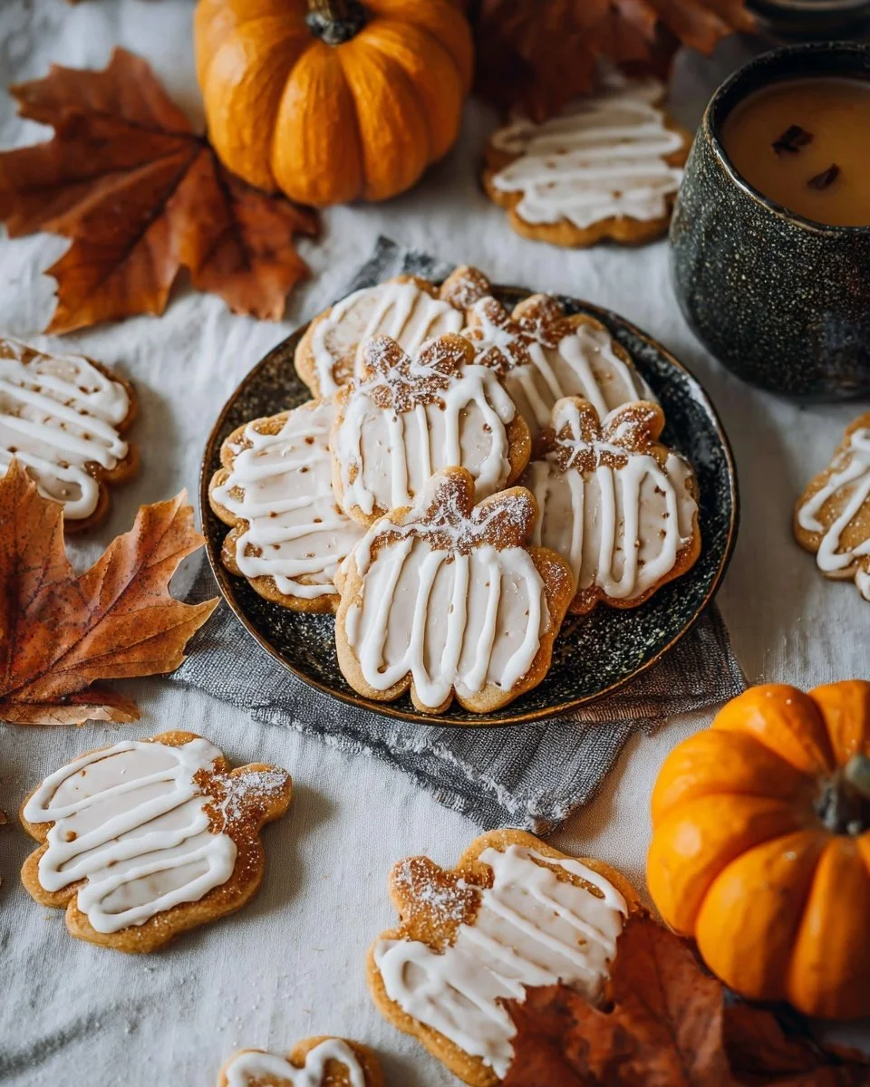 Delicious homemade pumpkin sugar cookies decorated with autumn spices