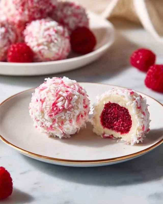 Delicious Raspberry Snowball Truffles covered in shredded coconut.