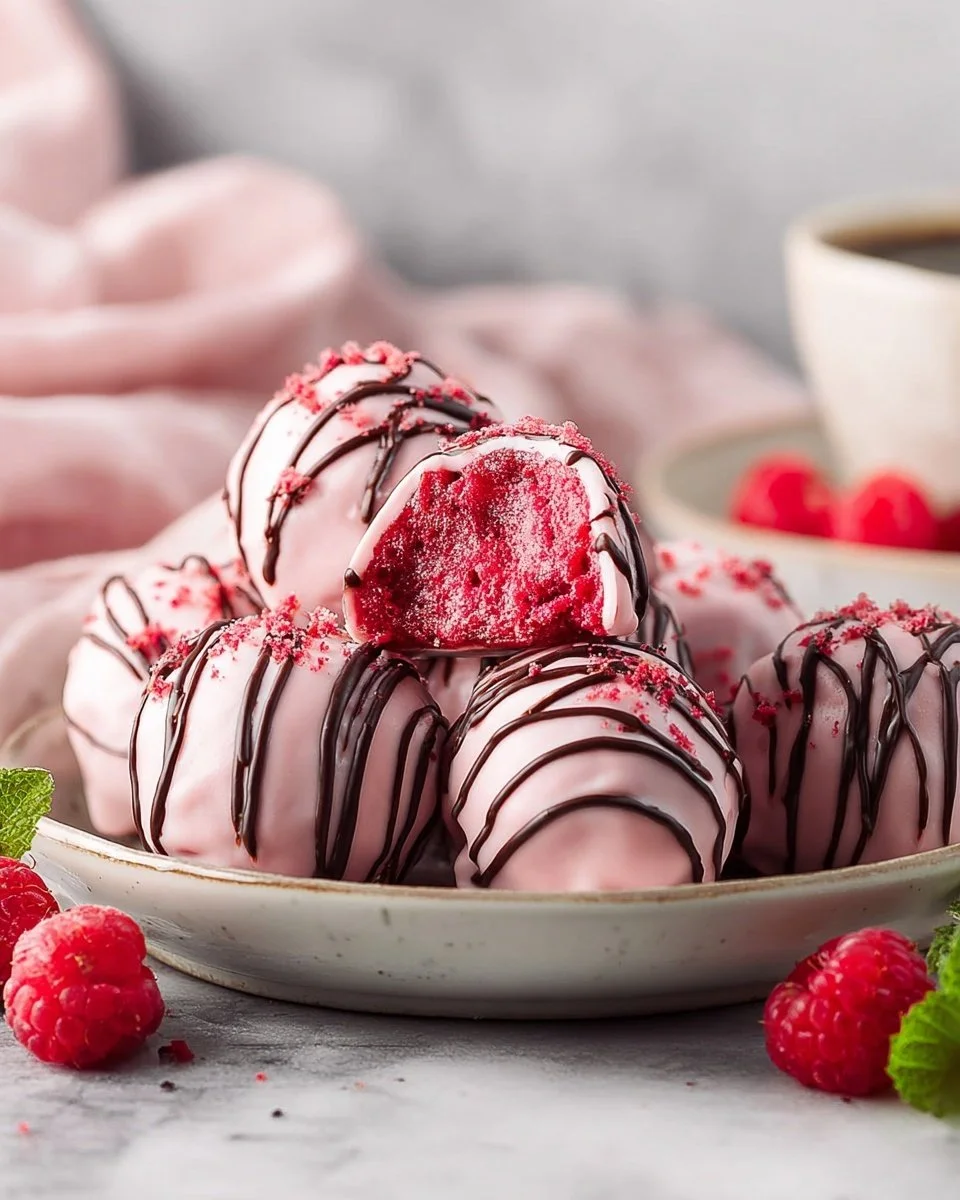 Delicious raspberry truffles garnished with fresh raspberries and chocolate drizzle.
