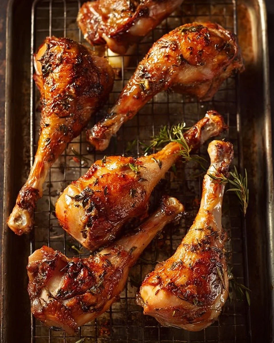 Deliciously roasted turkey leg served on a plate with herbs and spices.