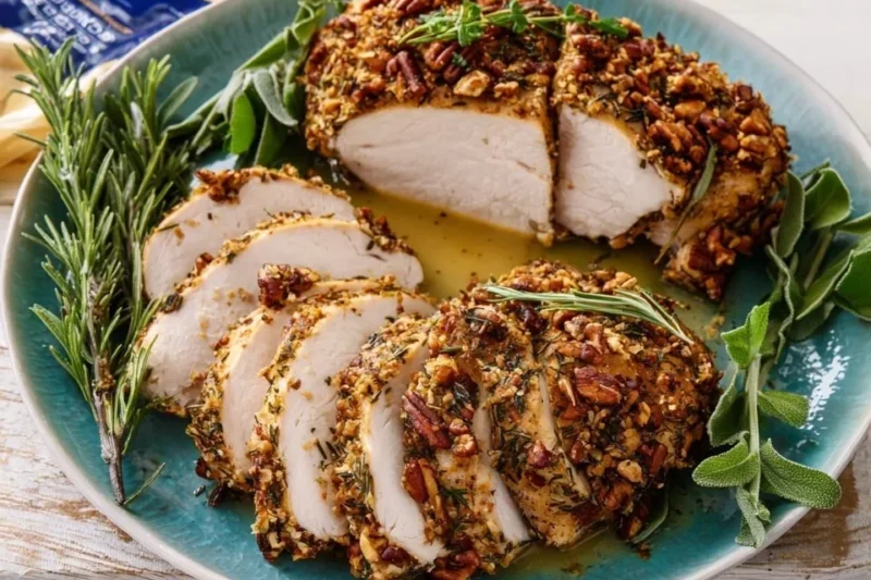 Rosemary, sage, and pecan-crusted turkey breast ready for serving
