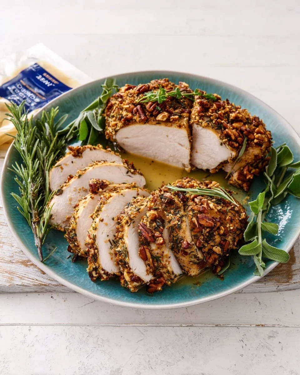 Rosemary, sage, and pecan-crusted turkey breast ready for serving
