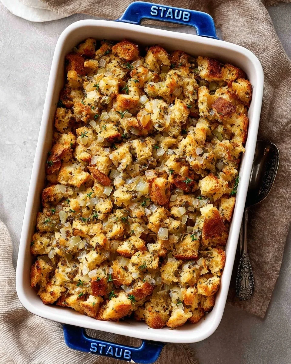 Delicious homemade sausage stuffing ready for holiday meals.