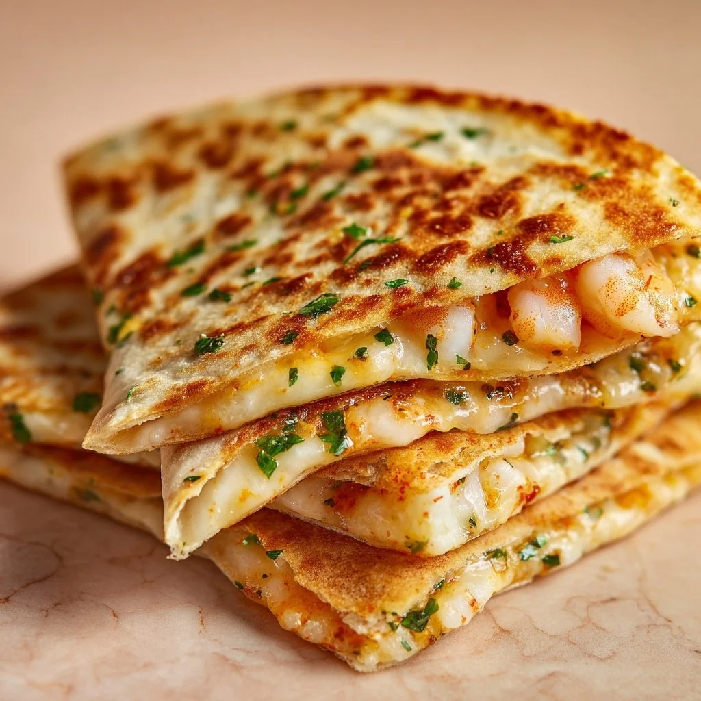 Shrimp quesadillas with melted cheese and fresh ingredients on a plate
