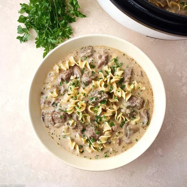 Delicious Slow Cooker Beef Stroganoff Soup with tender beef and creamy sauce