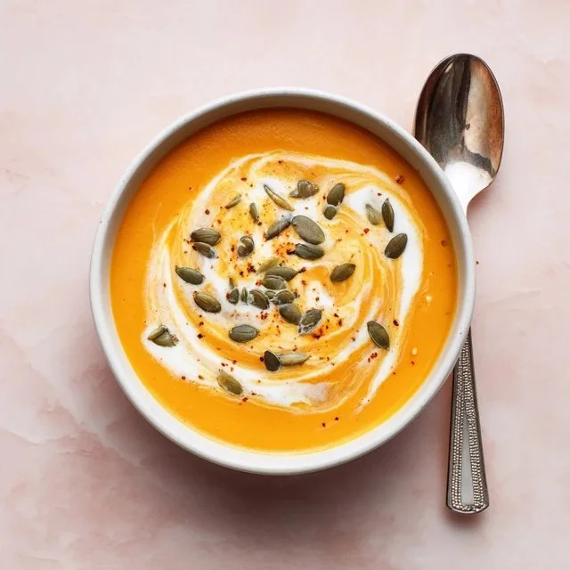 Delicious slow cooker pumpkin soup garnished with herbs in a bowl.