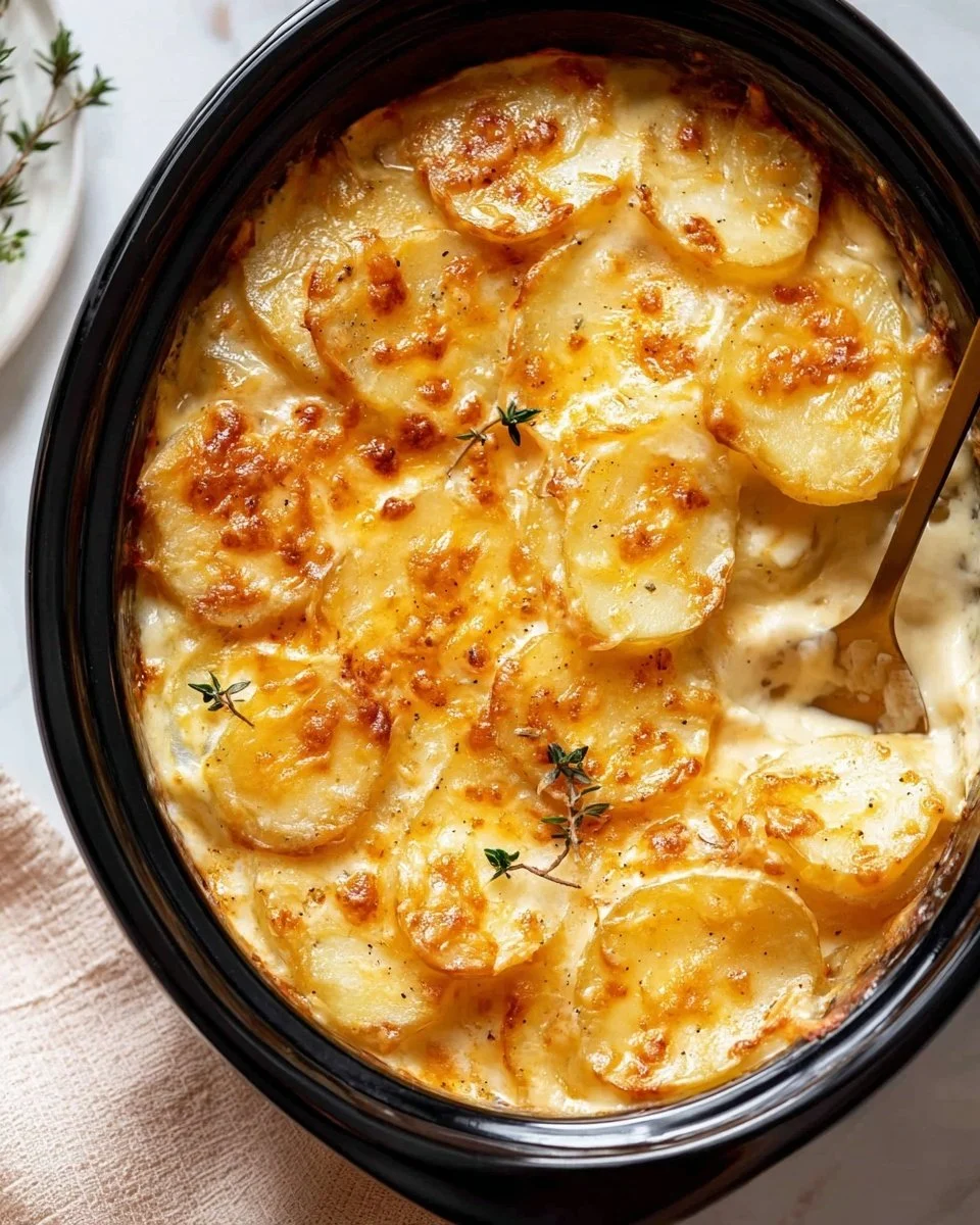 Delicious slow cooker scalloped potatoes served hot on a plate.