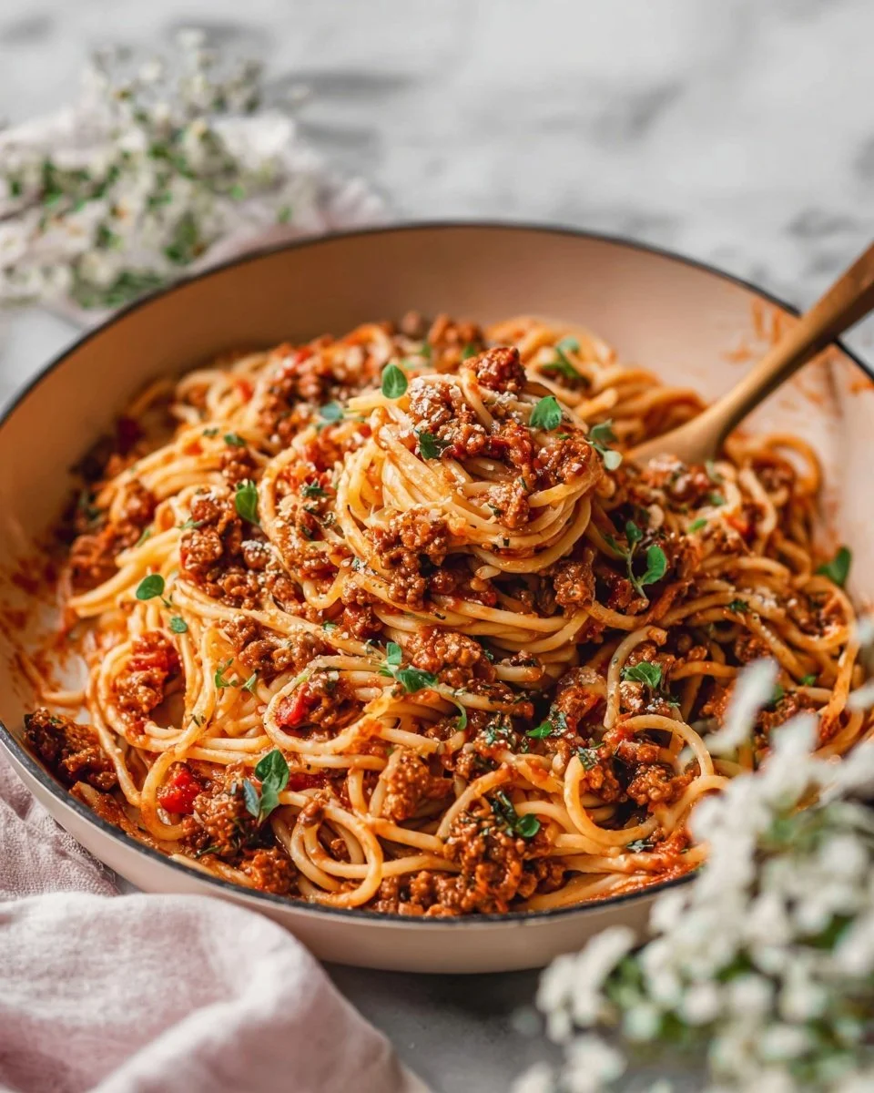 Spaghetti with meat sauce topped with fresh herbs and parmesan cheese