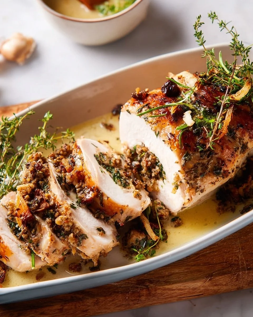 A delicious stuffed turkey breast with herbs and spices, perfect for holiday meals.