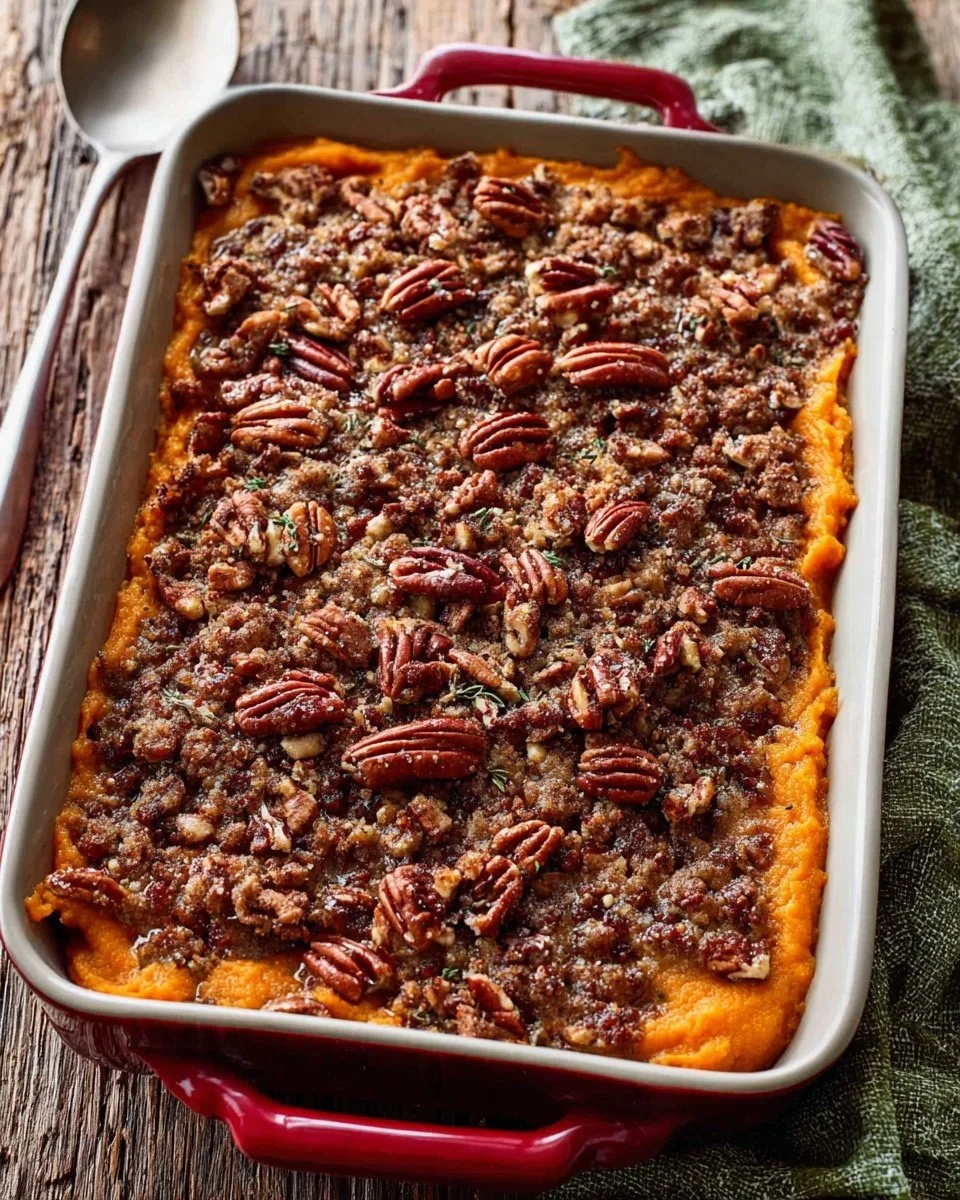 Delicious homemade sweet potato casserole topped with marshmallows and pecans