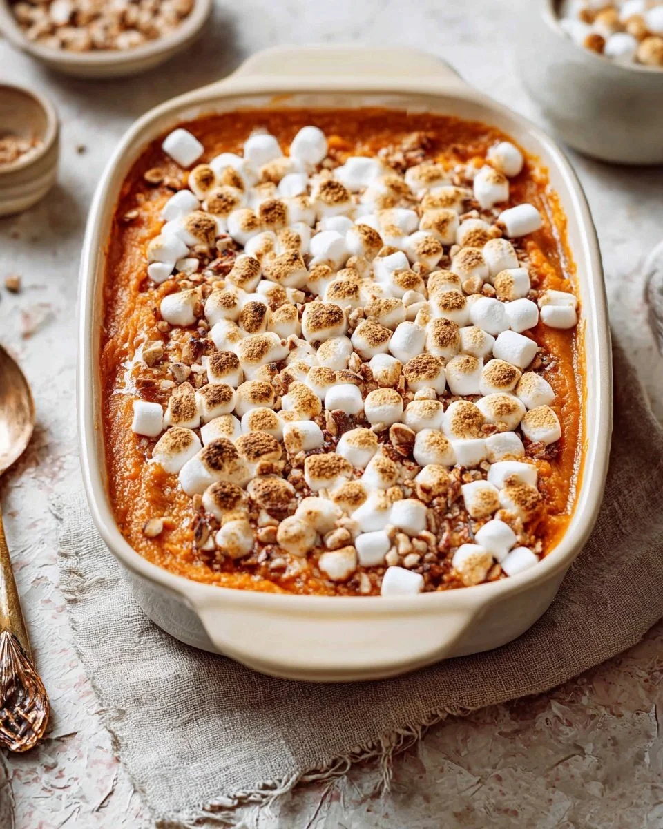 Sweet potato casserole topped with marshmallows, a delicious holiday side dish.