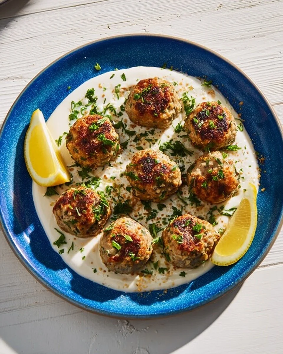 A plate of juicy turkey feta meatballs garnished with herbs and served with a dipping sauce