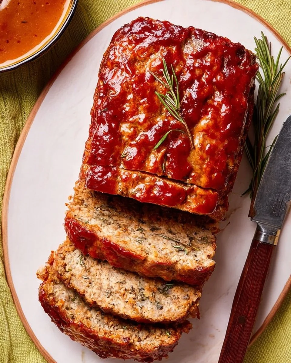 Delicious Turkey Meatloaf served with vegetables on a plate.