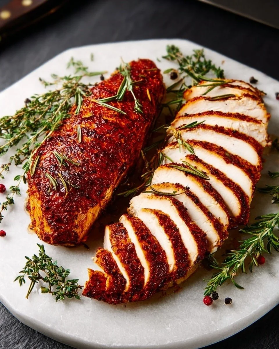 Cooked Turkey Tenderloin garnished with herbs and served on a plate