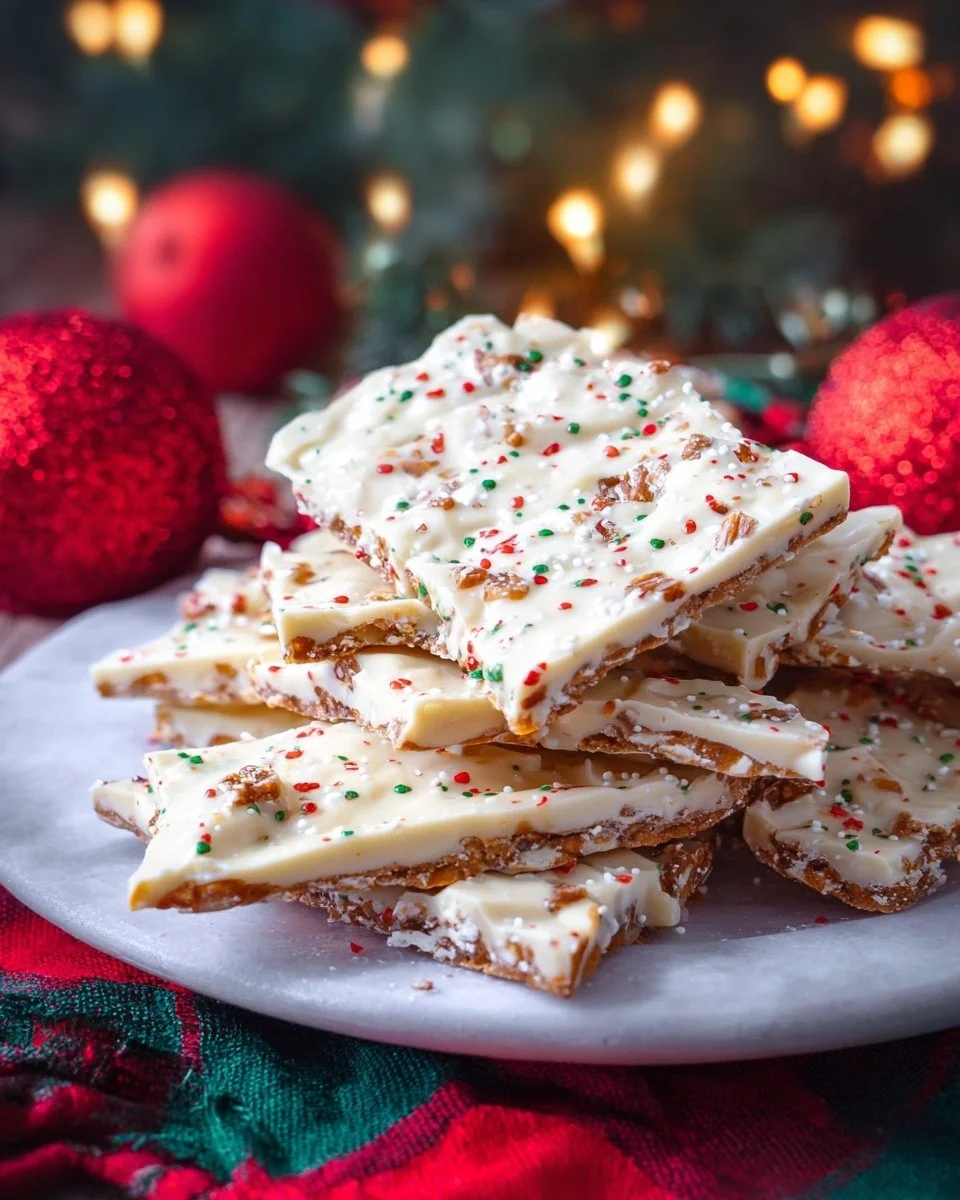 White Chocolate Christmas Crack dessert on a festive plate