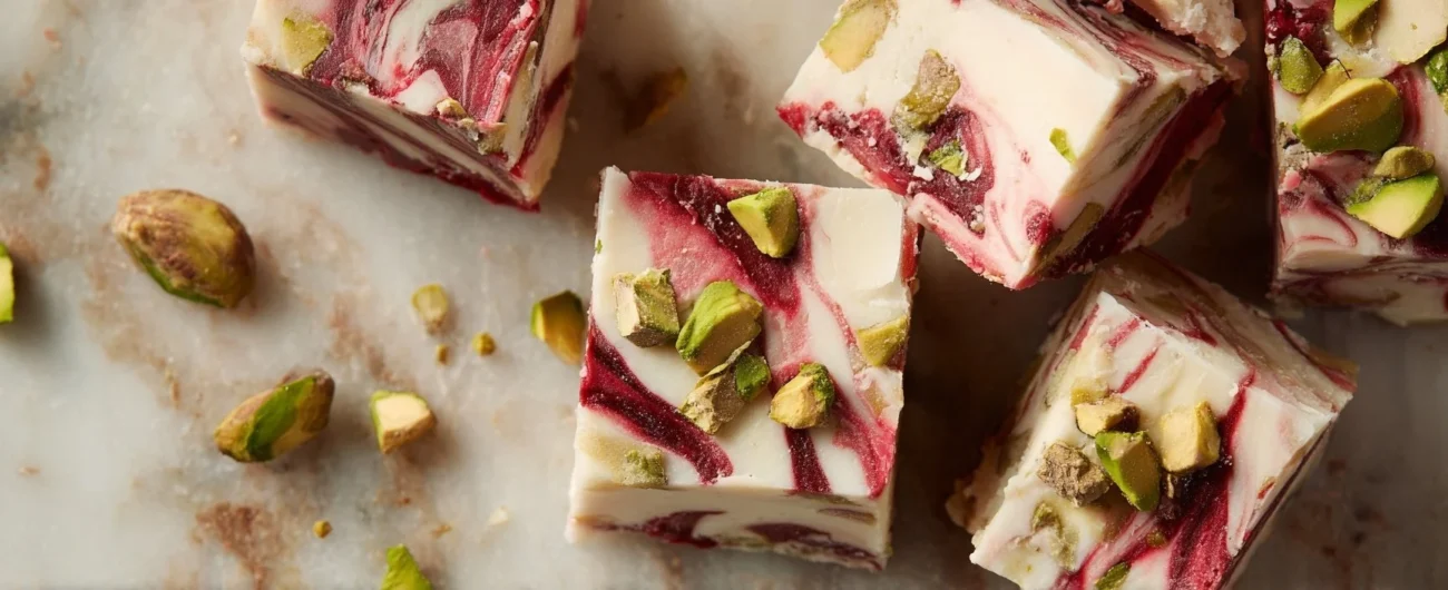 Delicious White Chocolate Pistachio Fudge Bars on a wooden surface