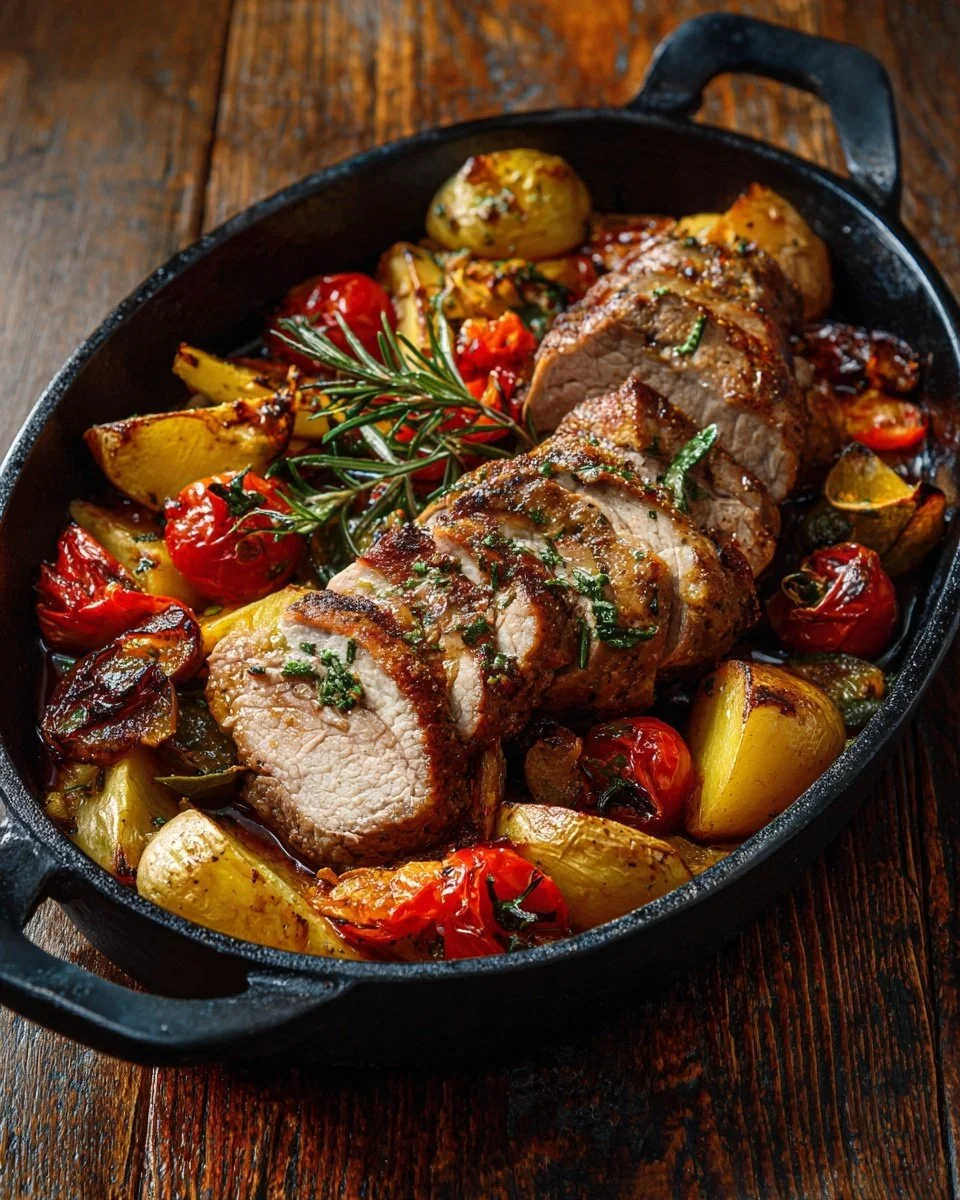 Baked pork tenderloin served with roasted vegetables and spiced butter on a plate