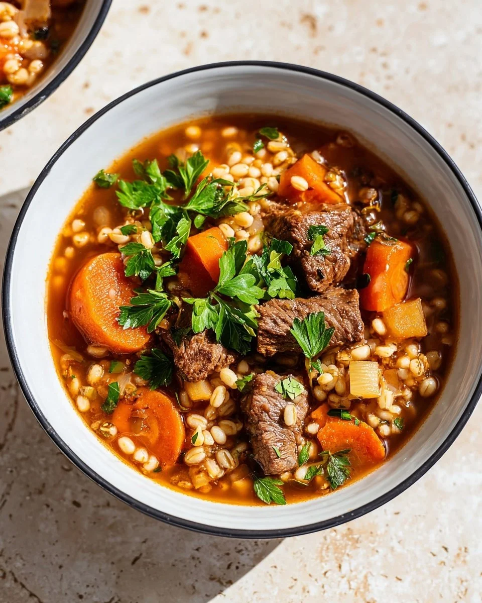 Bowl of hearty Beef Barley Soup with vegetables and herbs