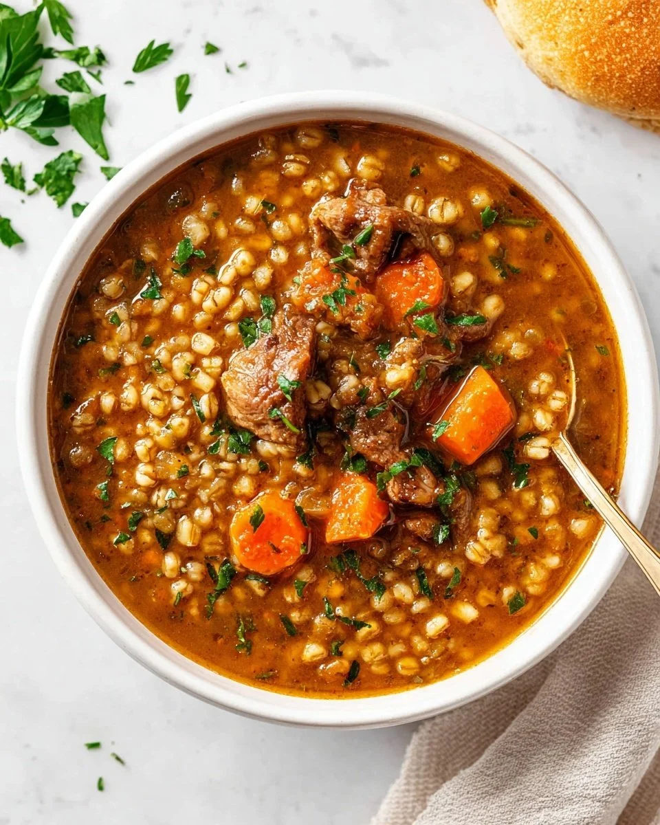 Bowl of hearty beef barley soup garnished with fresh herbs
