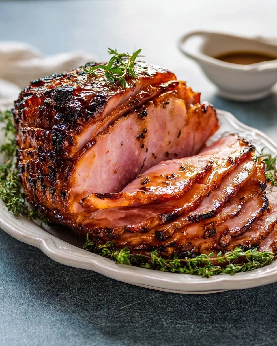 Mouthwatering Bourbon Glazed Baked Ham garnished with herbs and spices