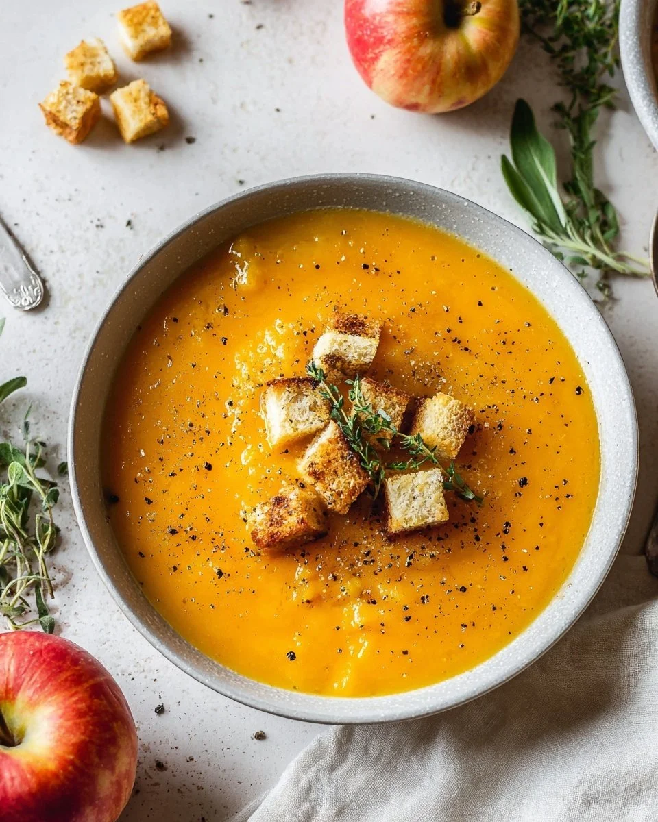 Butternut squash and apple soup with sage croutons in a bowl