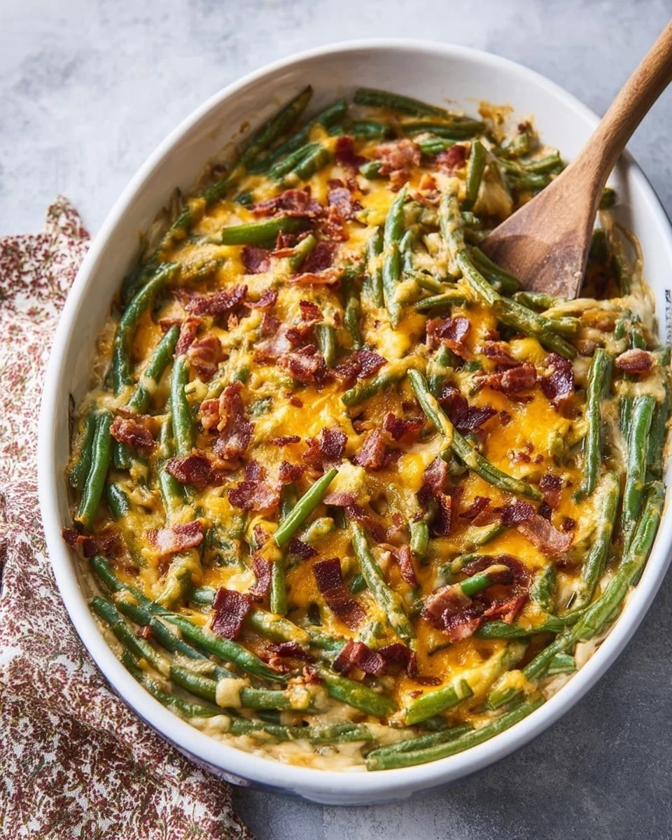 Cheesy green bean casserole served in a holiday setting