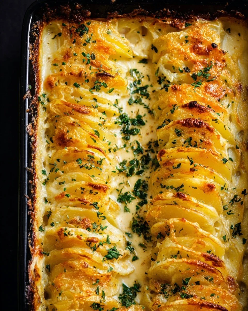 Creamy cheesy scalloped potatoes served in a festive dish