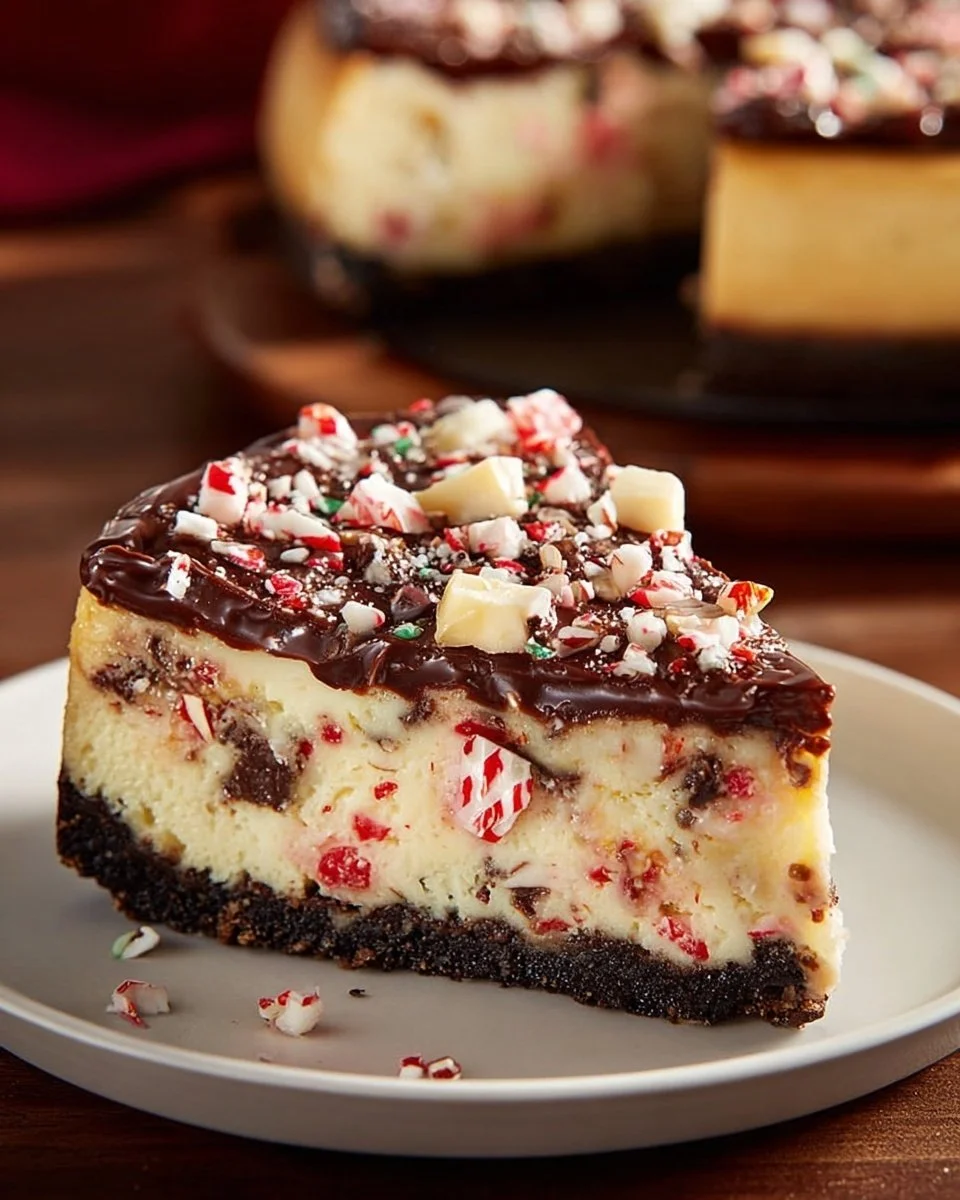 Delicious Chocolate Peppermint Cheesecake topped with festive chocolate shavings.