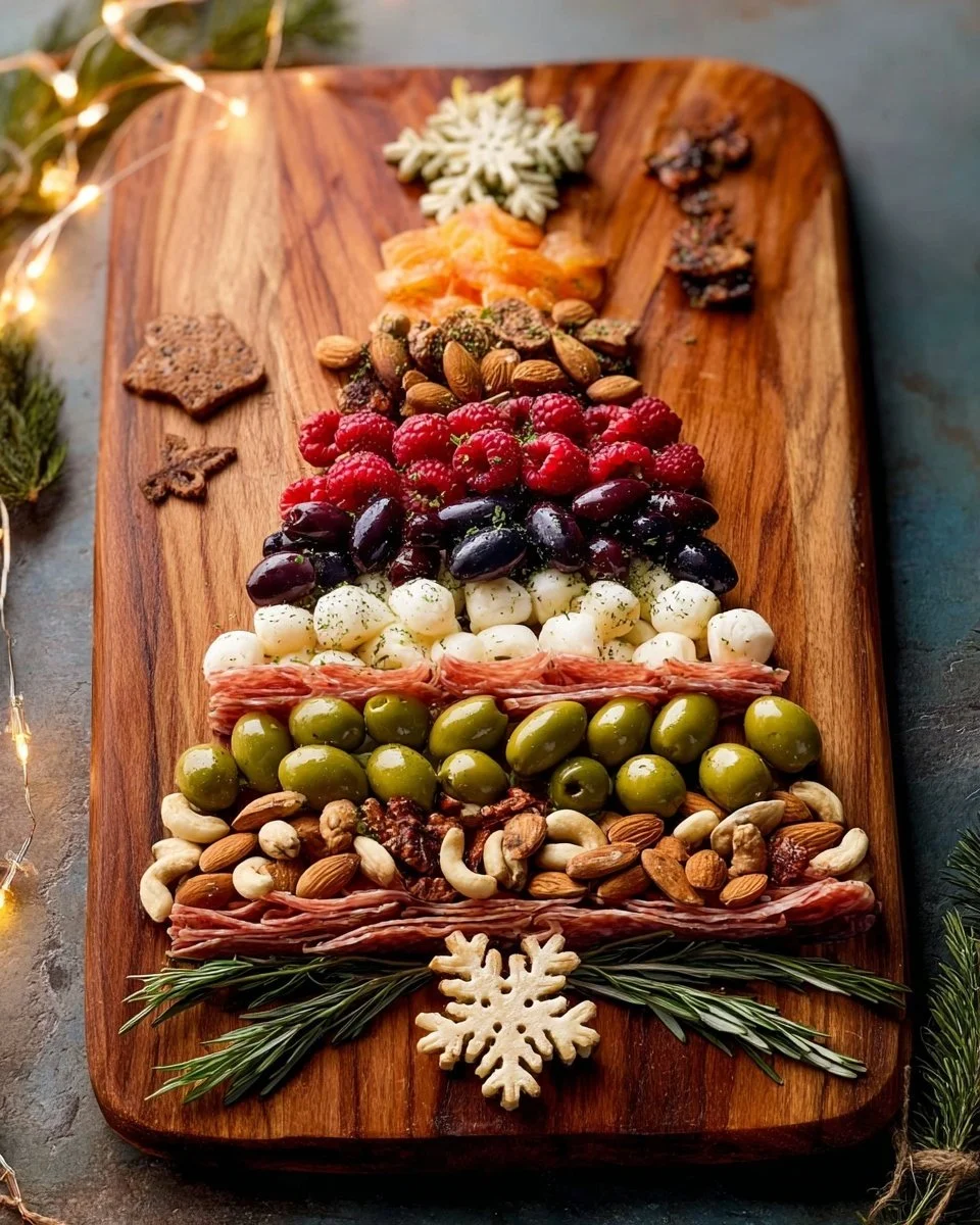 Festive Christmas Tree Charcuterie Board with meats, cheeses, and seasonal decor