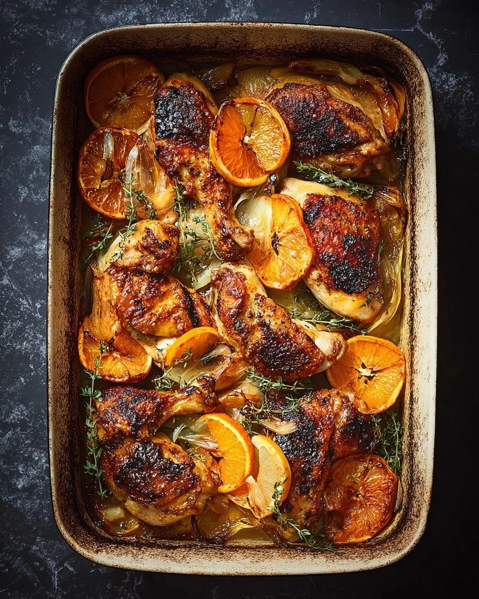 Plate of flavorful Clementine Chicken garnished with fresh herbs