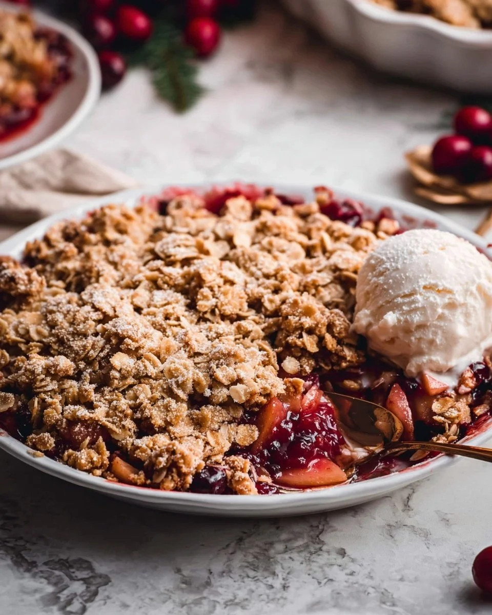 Delicious serving of cranberry apple crisp topped with oats and cinnamon