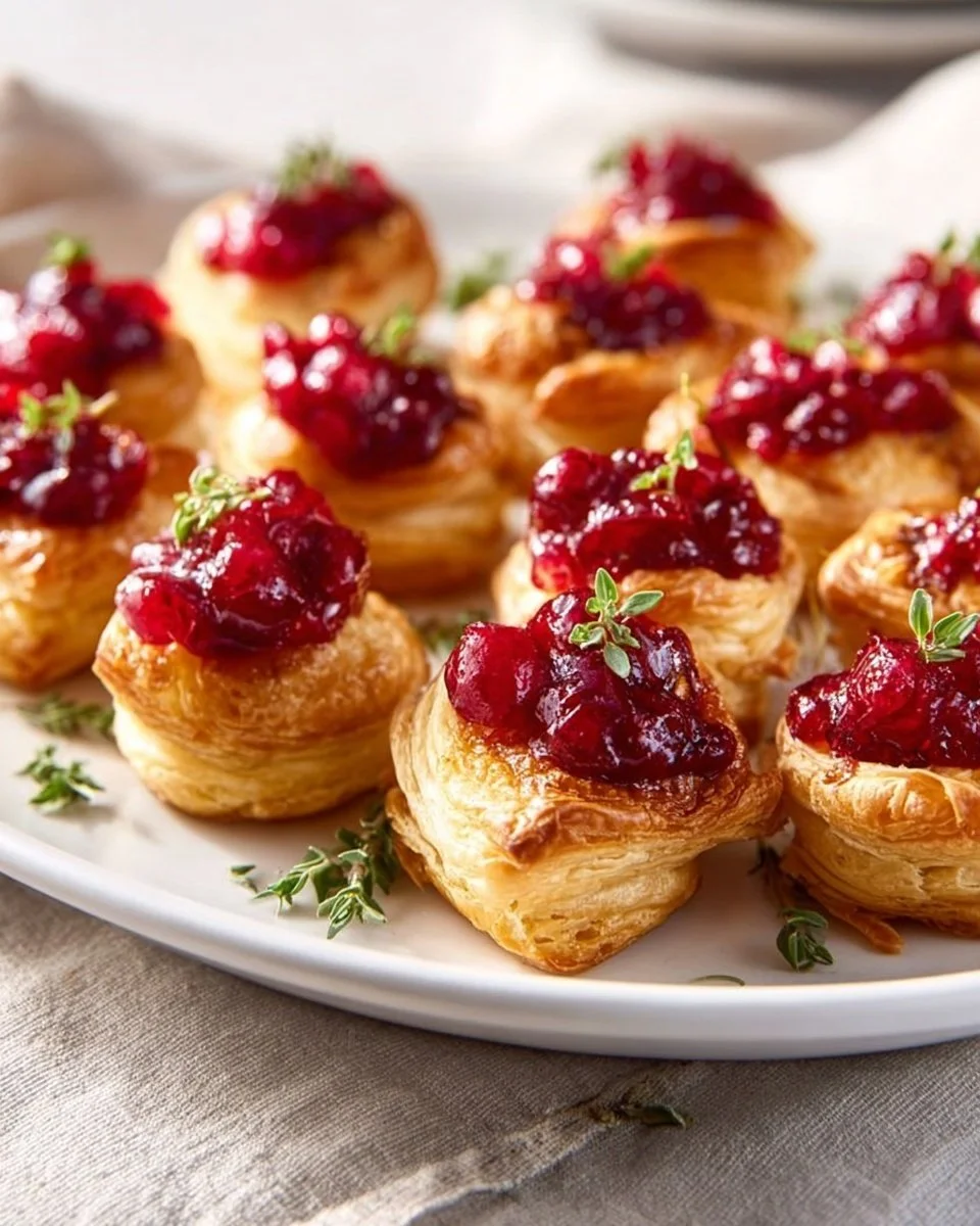 Delicious Cranberry Brie Puff Pastry Bites served on a platter