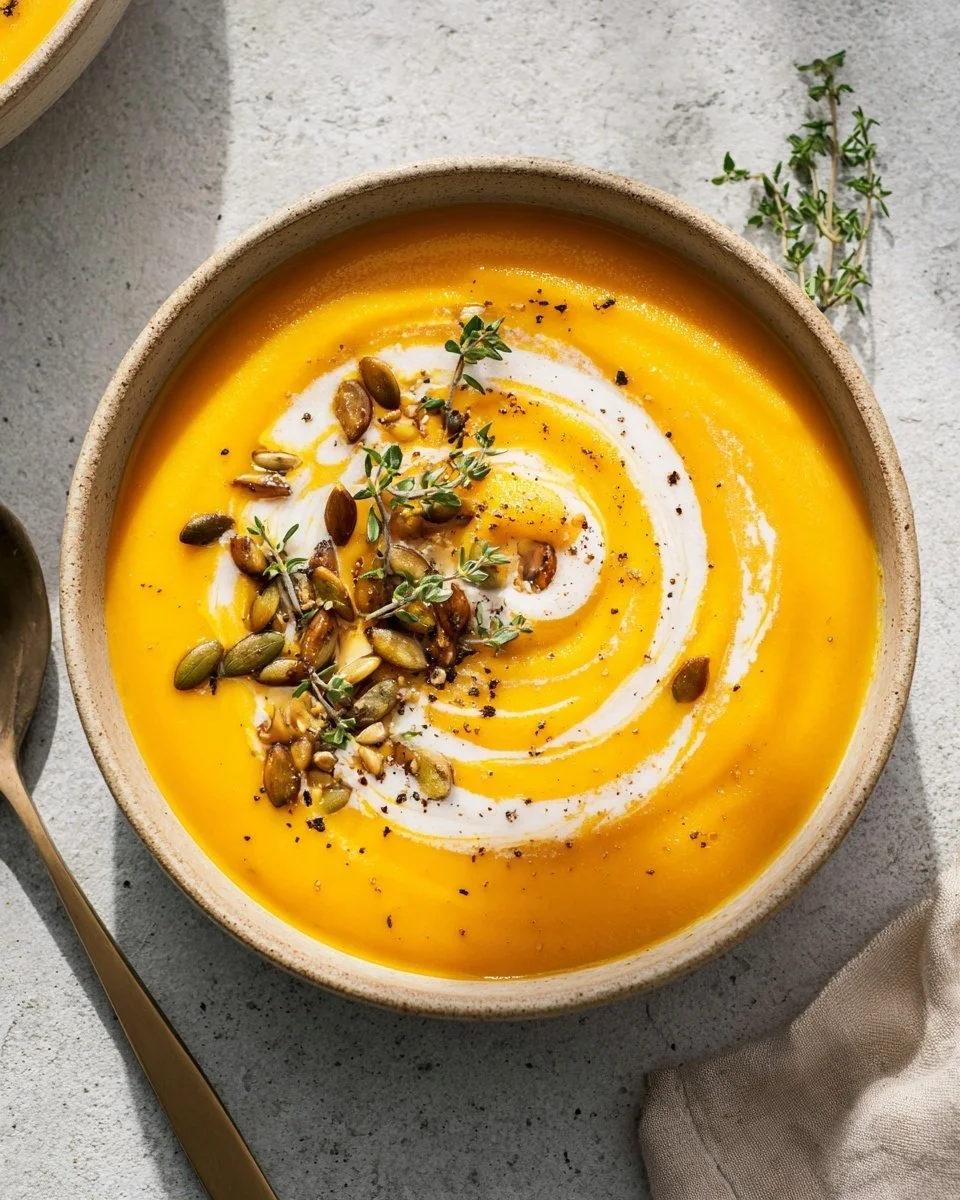 Bowl of creamy butternut squash soup garnished with herbs