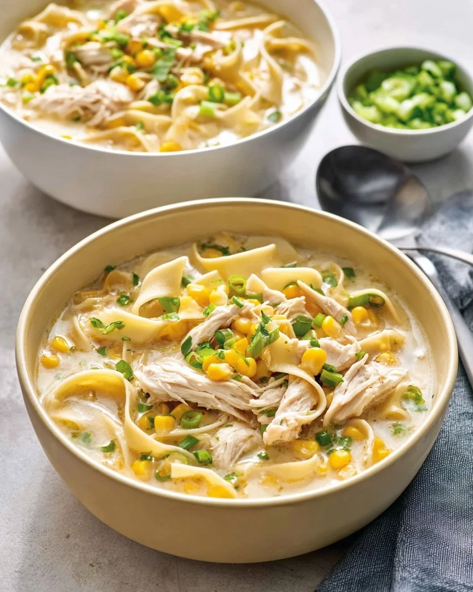 Bowl of creamy chicken noodle soup with chicken, noodles, and vegetables