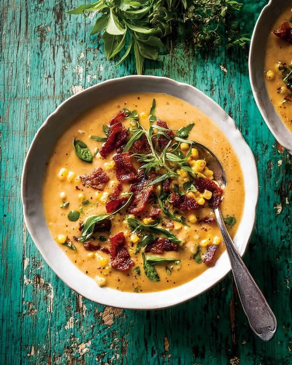 Creamy corn, zucchini, and bacon chowder in a bowl garnished with herbs