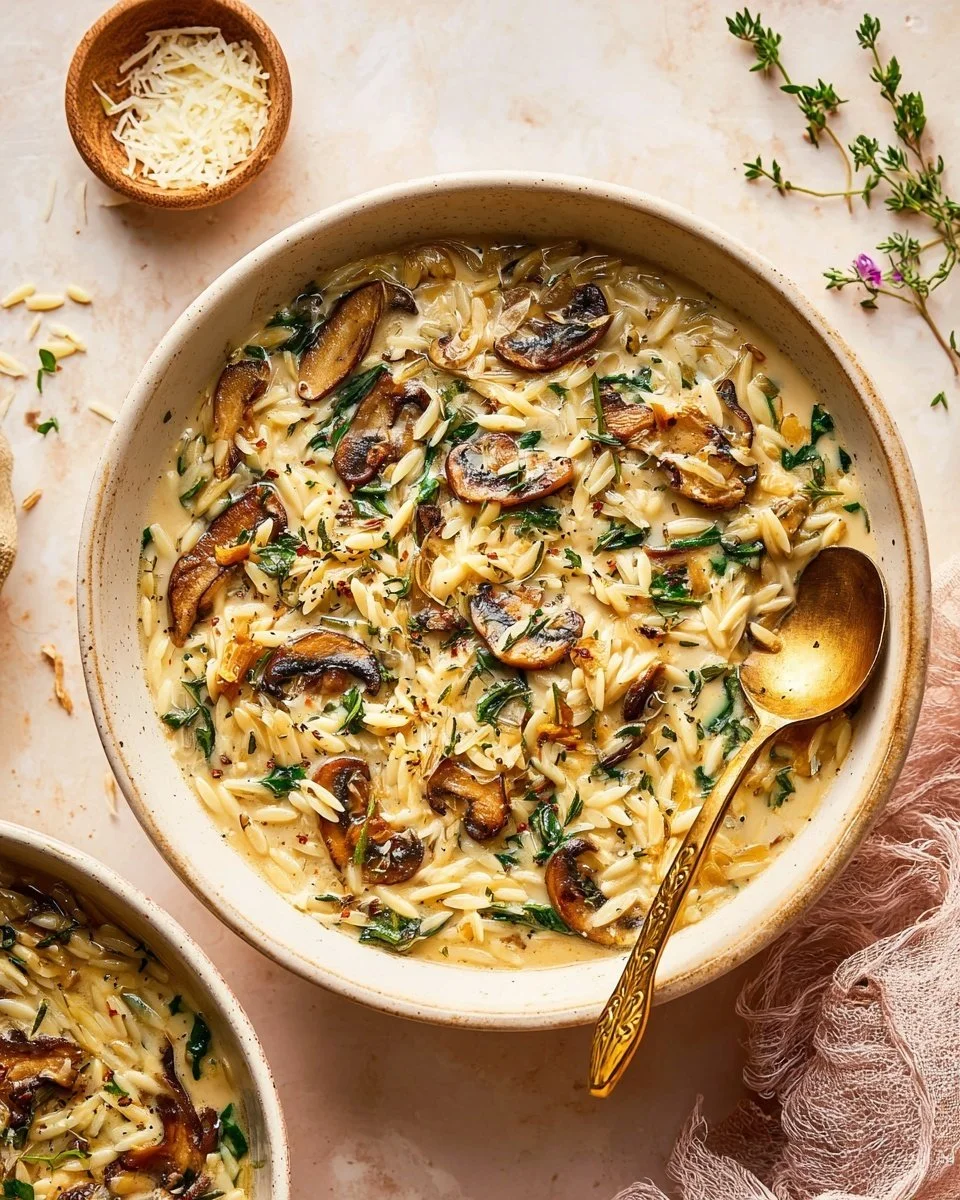 Creamy garlic mushroom orzo served in a bowl with fresh herbs
