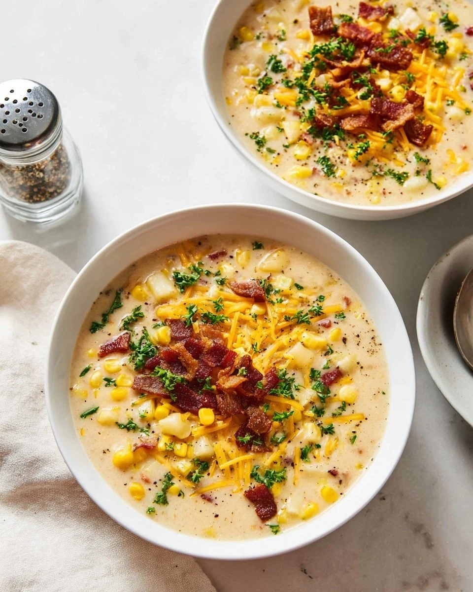 Creamy Instant Pot corn chowder in a bowl with fresh herbs and corn kernels.