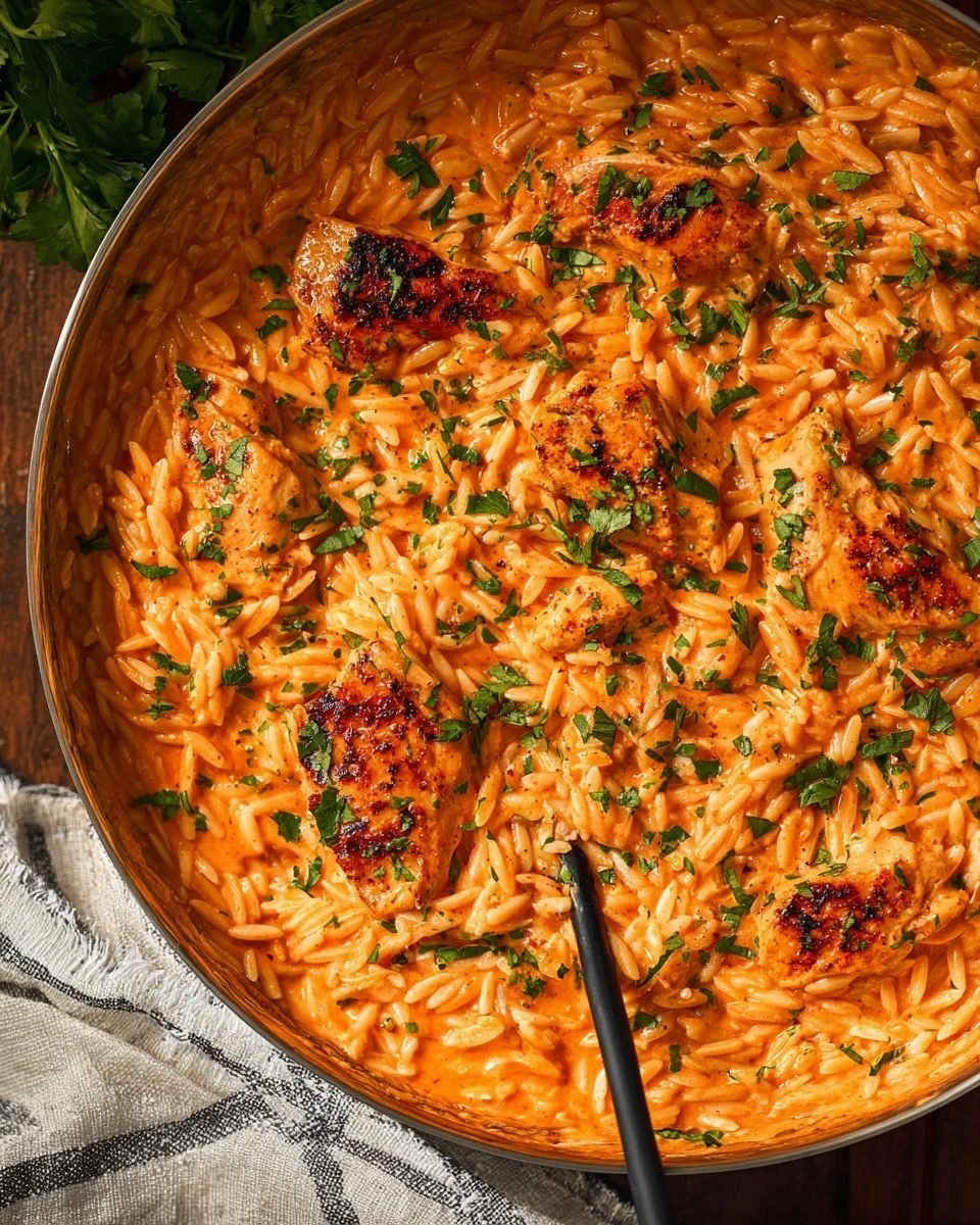 Creamy orzo with chicken served in a bowl, garnished with herbs.