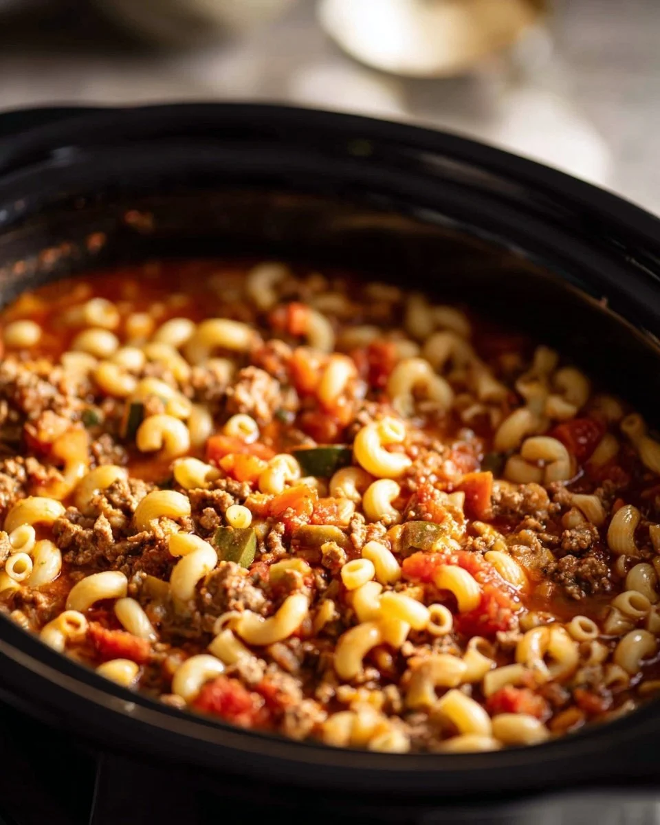 Delicious Crockpot Goulash simmering in a slow cooker
