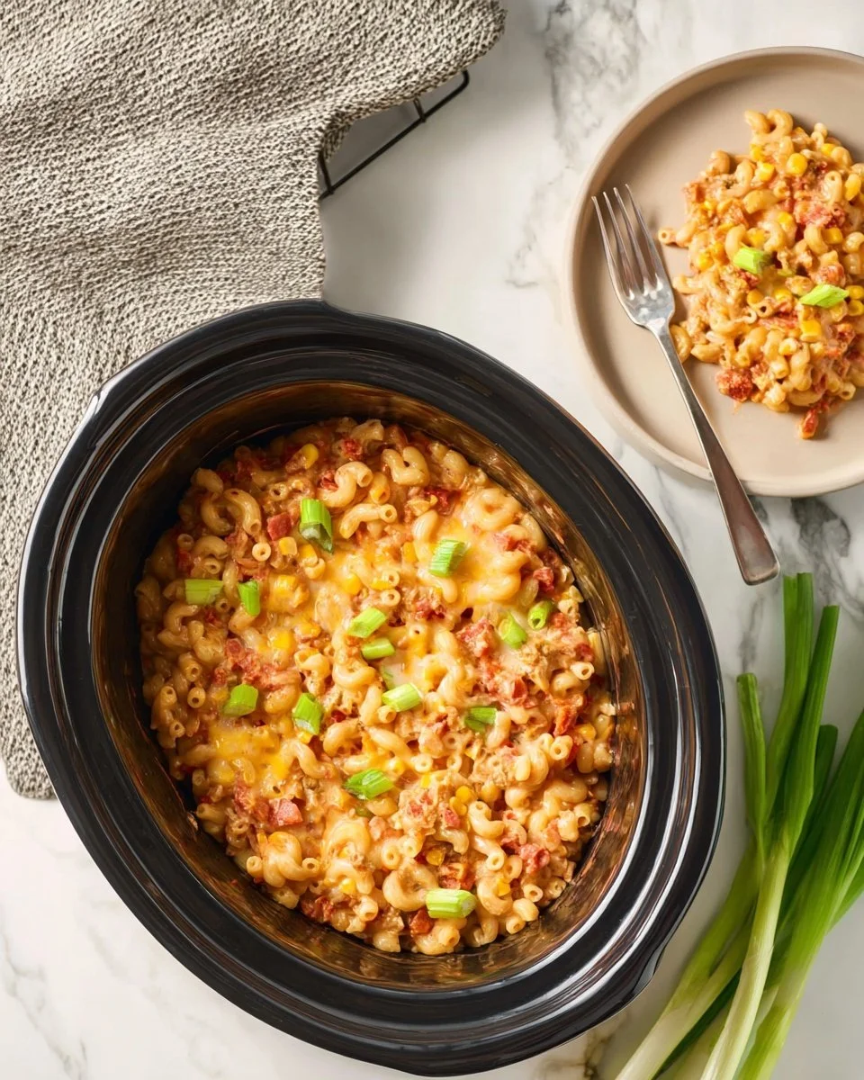 Crockpot Ground Beef Casserole with vegetables and cheese in a serving dish.
